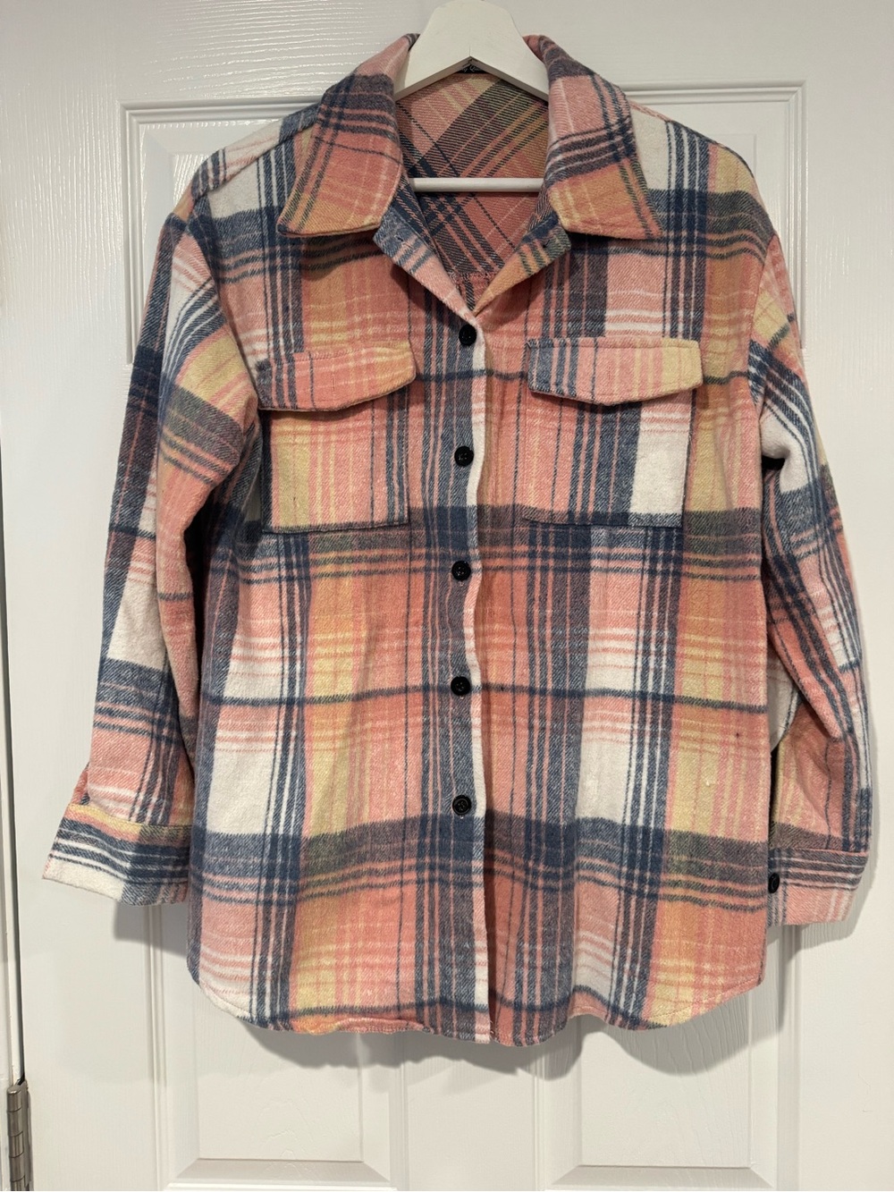 Plaid Shacket Jacket in Peach, Navy and Cream - Women